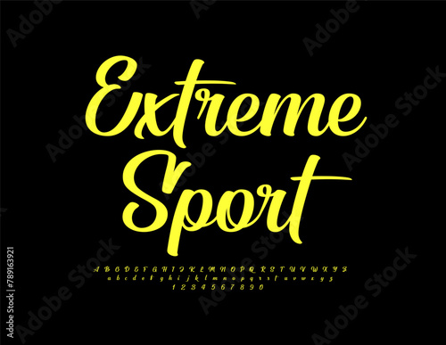 extreme_sportVector stylish banner Extreme Sport. Yellow cursive Font. Bright chic Alphabet Letters and Numbers.