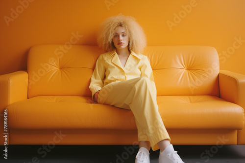A stylish individual with curly blonde hair sits on a vibrant yellow couch, showcasing a harmonious blend of monochromatic fashion and interior design.