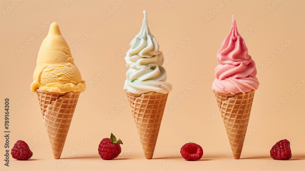 Three different flavored ice creams in waffle cones with raspberries on a peach background Three different flavored ice creams in waffle cones with raspberries on a peach background