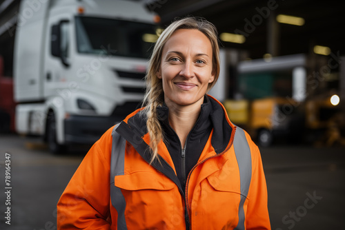 A smiling female transport worker with protective gear stands confidently in front of a fleet of orange trucks, symbolizing efficient logistics and transport services.
