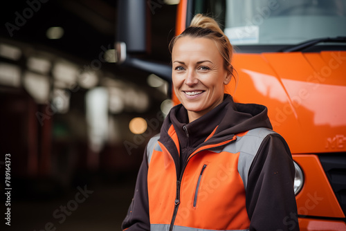 A smiling female transport worker with protective gear stands confidently in front of a fleet of orange trucks, symbolizing efficient logistics and transport services.