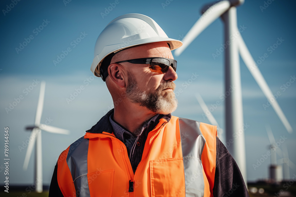 Confident engineer in a high-visibility vest and white helmet gazes into the distance at a wind farm under a clear blue sky.