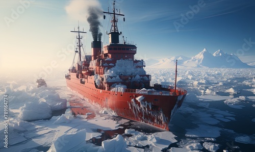 Large Red Boat Breaking Ice on Water