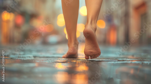 A woman walking barefoot through the wet city street