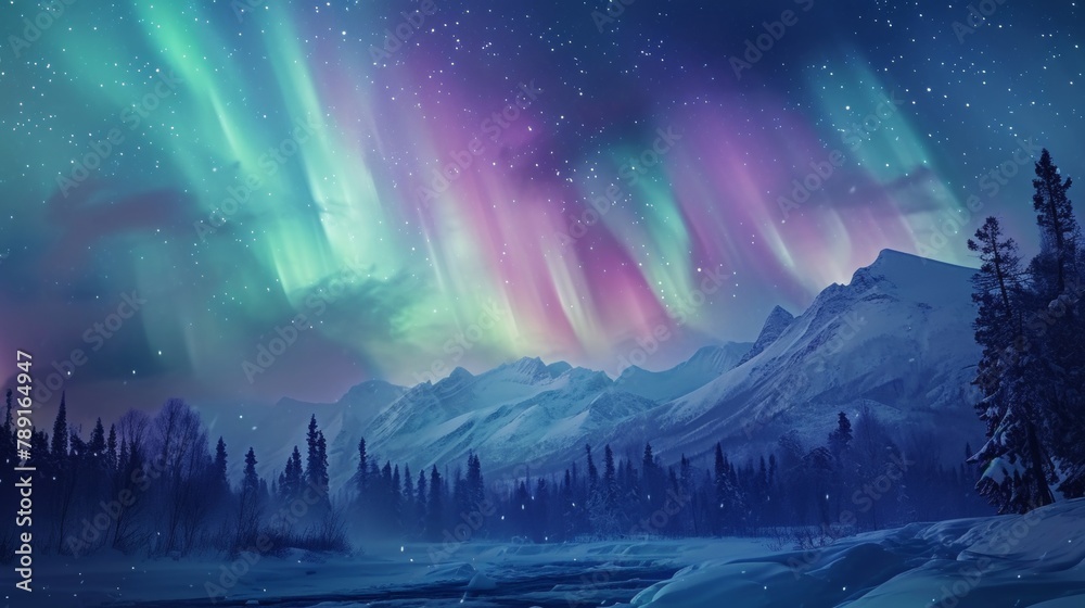 Beautiful aurora northern lights in night sky with snow mountain forest in winter.