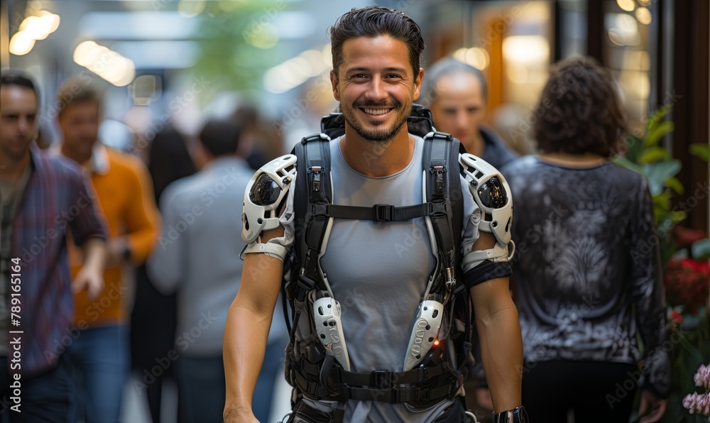 Man Using Ani Powered Exoskeleton Walks Down Street Man Using Ani Powered Exoskeleton Walks Down Street