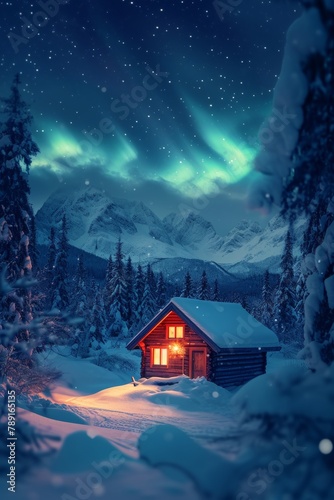 A small house in heavy snow covered field with forest mountain and beautiful aurora northern lights in night sky in winter.