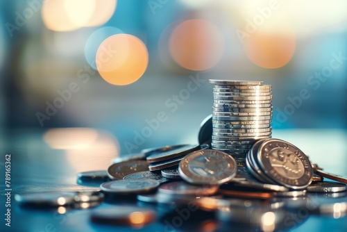 Stack of shiny coins on a reflective surface with blurred lights in the background. photo