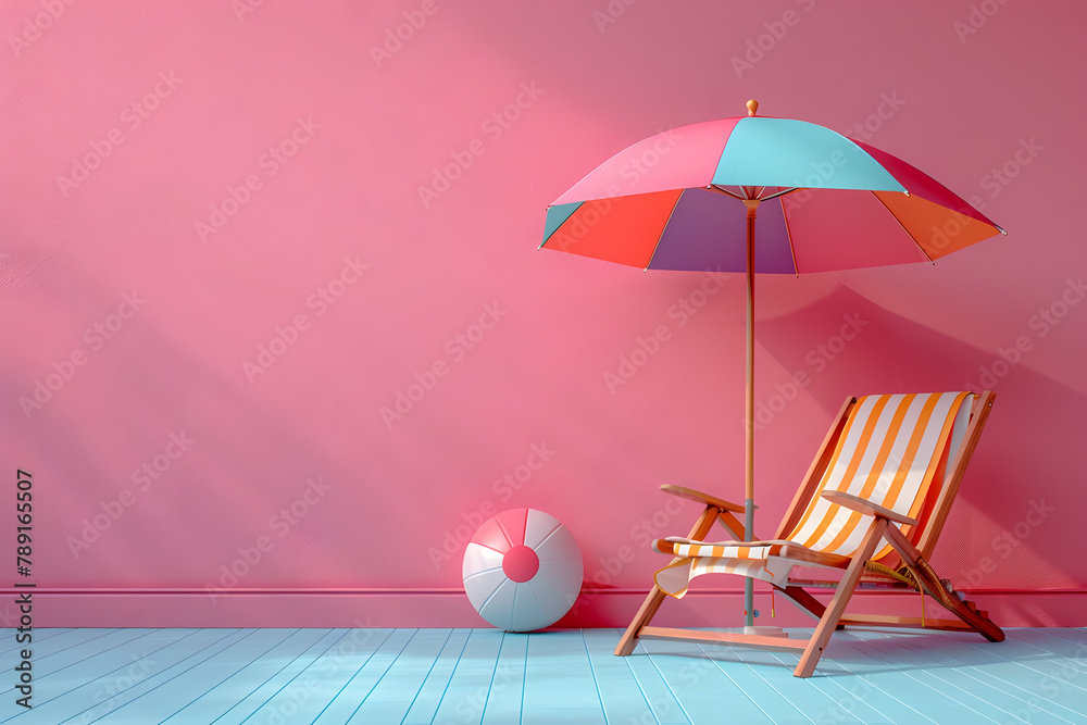 Colorful beach setup with a striped chair and umbrella against a pink wall. Summer and vacation concept. Design for travel and leisure advertising, summer sale promotions, and holiday-themed visuals