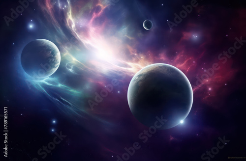 Three planets in space, with nebula and star background, fantasy art style, vibrant colors.
