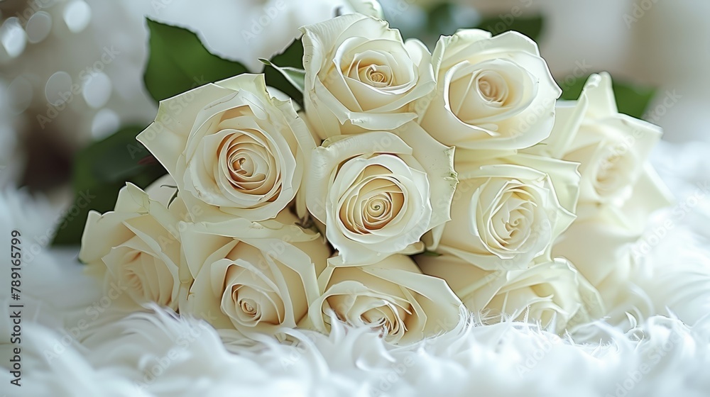 Obraz premium A white rose bouquet atop a fluffy, white-furnished bed