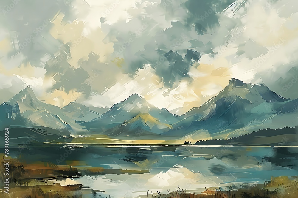 : A brush painted landscape of a mountain range under a stormy sky