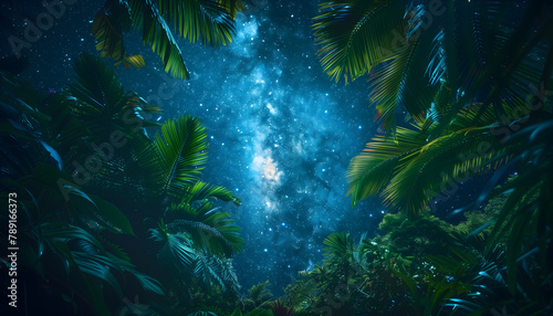 A serene tropical night, where the sky is adorned with a blanket of stars. Through the canopy of palm leaves, you're greeted by countless twinkling stars