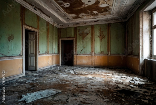 Background of old interior of an abandoned communal apartment, dirty room, rotten peeling walls. Old Soviet Russian past of poor interior. Scuffed floor. Stripped wallpaper on the wall. Repair concept photo