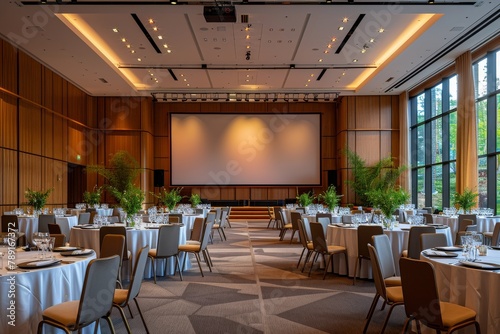 A large banquet hall with tables and chairs set up for a large event