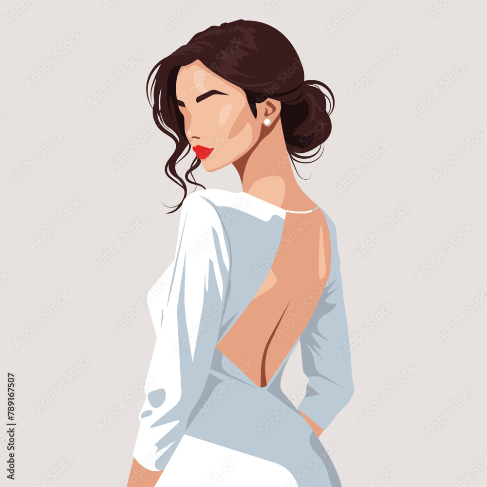 Custom vector fashion illustration of a beautiful young bride with abstract face in an elegant backless wedding dress. Back view.
Custom vector fashion illustration of a beautiful young bride with abstract face in an elegant backless wedding dress. Back view.
