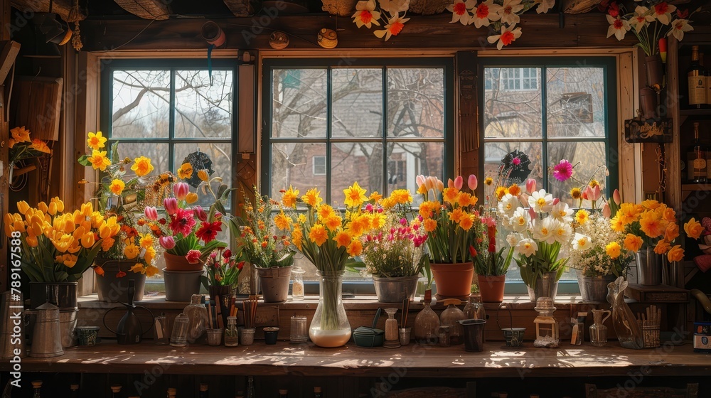   A window sill adorned with an arrangement of flowers and two vases filled with blooms