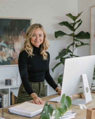 Woman Standing in Front of Laptop Computer