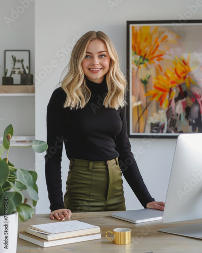 Woman Standing in Front of Laptop Computer