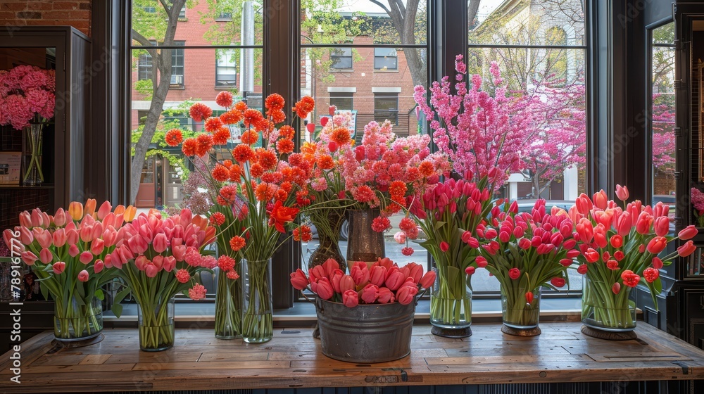   A table holds several vases filled with flowers, facing a window that overlooks the street