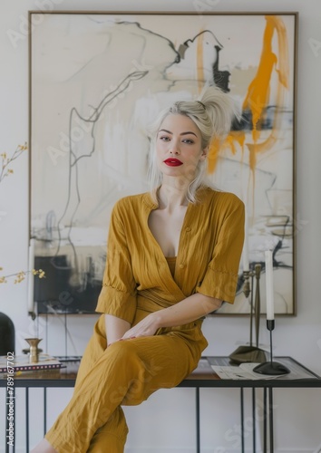 Woman in Yellow Outfit Sitting on Table