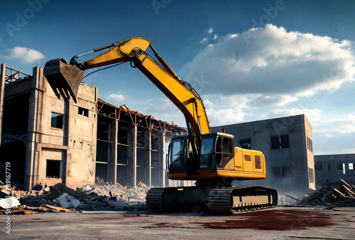 Hydraulic excavator demolition an old industry building at cloudy sky background. Heavy machinery taking down house on creation site for construction of new houses. Renovation concept. Copy text space