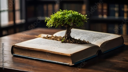 World philosophy day concept with tree of knowledge planting on opening old big book in library full of textbook.