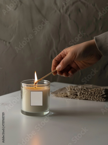 Person Lighting Candle on Table