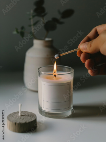 Person Lighting Candle on Table