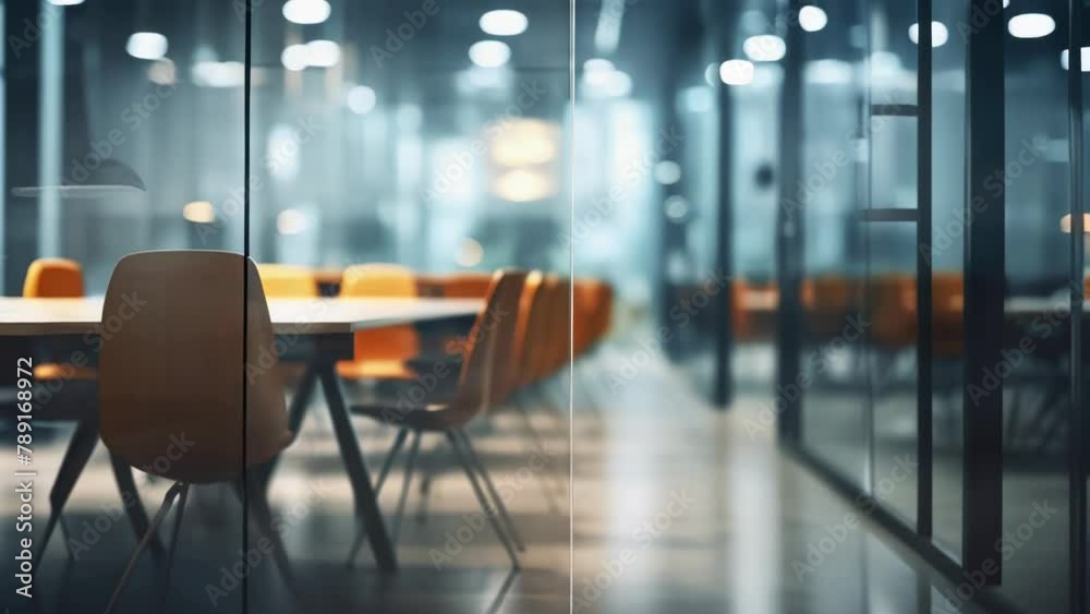 A large room with a glass wall and a table with chairs around it A large room with a glass wall and a table with chairs around it