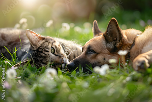 Hund und Katze liegen im Gras Kopf an Kopf und schmusen, erstellt mit generativer KI photo