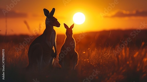 A kangaroo and its joey silhouetted against the Australian outback sunset