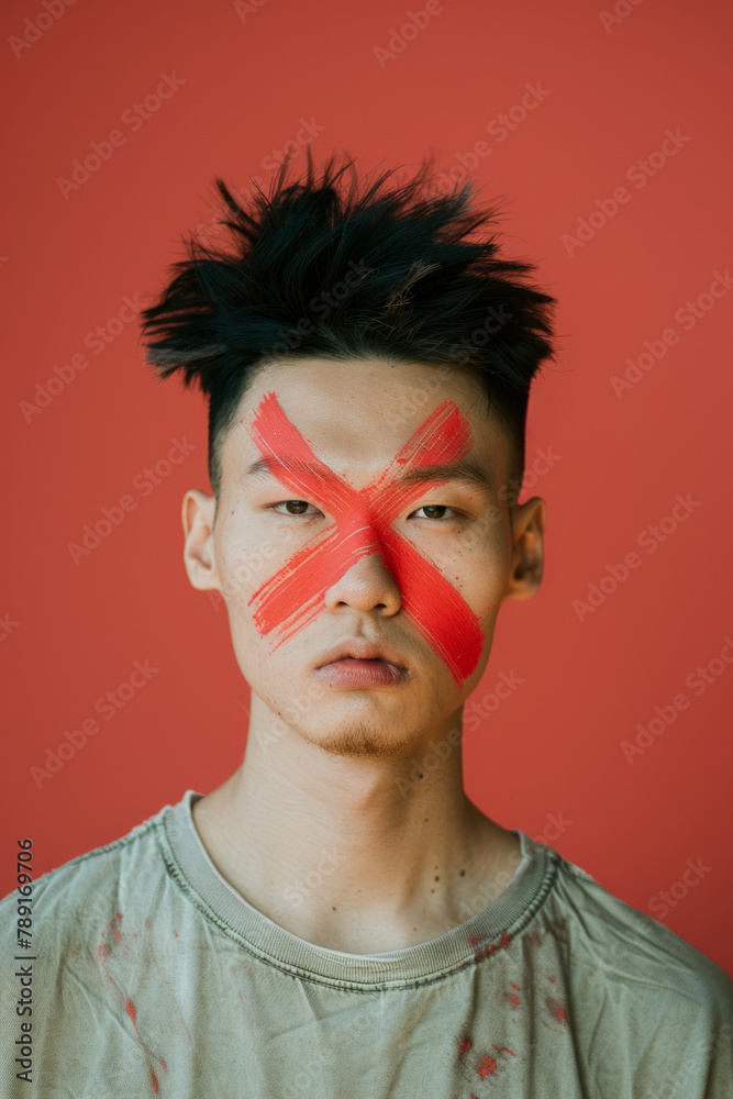 A man with a red cross painted on his face, a rejection A man with a red cross painted on his face, a rejection
