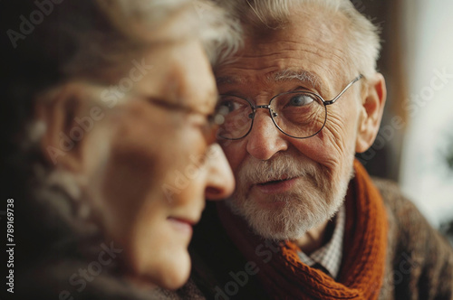 Elderly Couple Sharing a Tender Moment, Man Smiling with Glasses, Generative AI