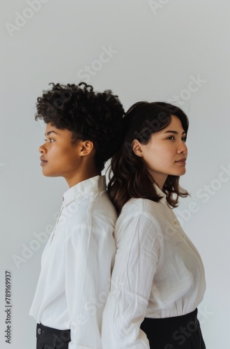 Two Women Standing Next to Each Other in Front of a White Wall