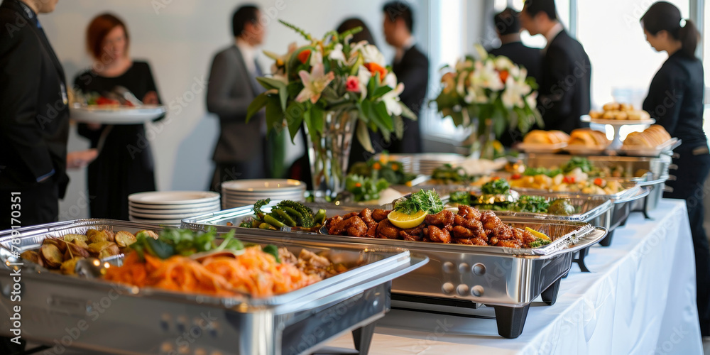 a people stand around an elegant indoor table with many food and  various dishes like grilled meat and fresh vegetables.,  Buffet service for any festive event, party or wedding reception