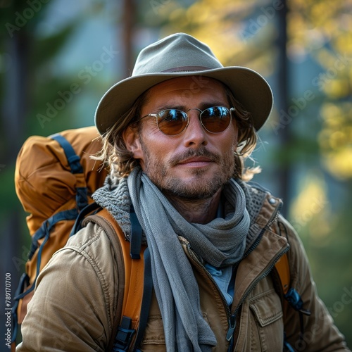A positive, stylish man enjoys an adventurous trek through nature, exuding strength and confidence.