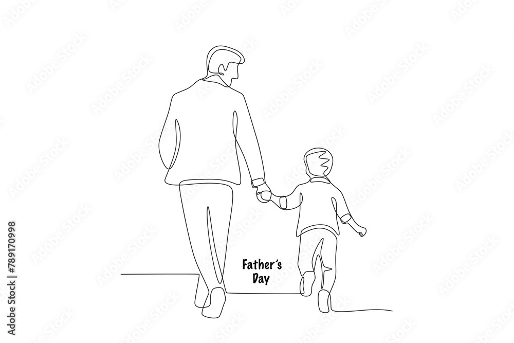 Father and son holding hands while jogging. Fathers day concept one-line drawing Father and son holding hands while jogging. Fathers day concept one-line drawing