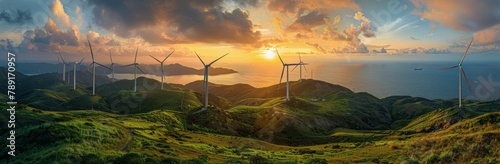 A Painting of a Sunset With Wind Mills