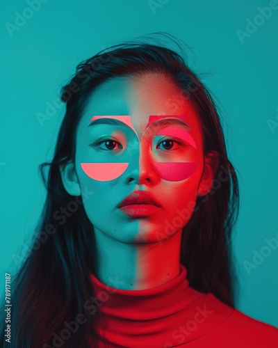 An Asian woman with long hair, red and pink geometric shapes overlain on her face, green background. Created with Ai technology.