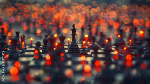 a chess board with chess pieces and lit candles. AI generative.
