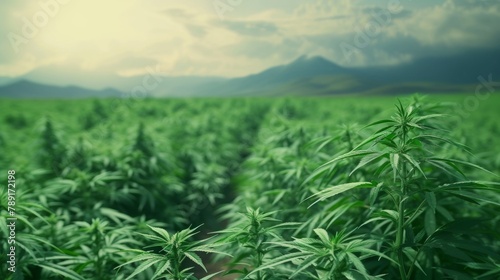 Cannabis plant growing in outdoor field in a large plantation farm.