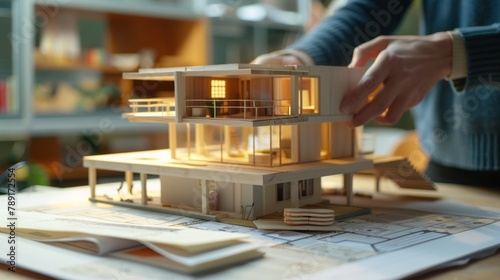Shot of person holding model house over a site plan on desk  photo