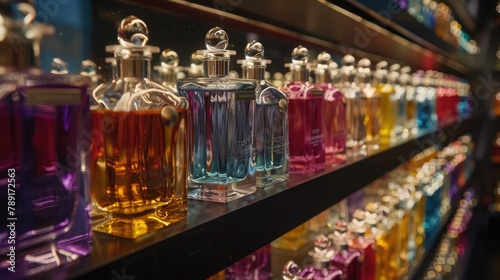 Rows of vibrant, colorful perfume bottles are lined up on display shelves, bathed in warm, inviting light in a high-end boutique.