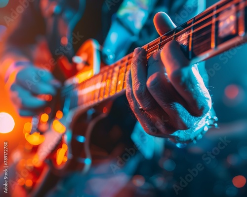 A close up of a person playing the guitar with blurred background photo