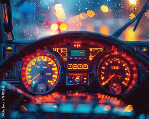 A photo of a car dashboard at night with a city in the background. photo