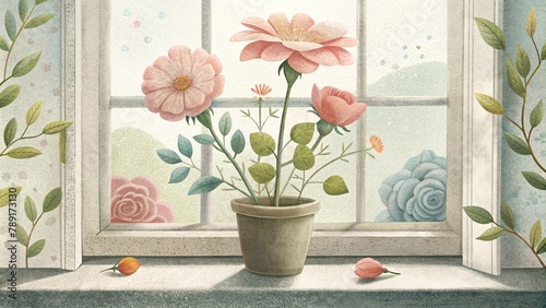 flowers on the window background Cartoon, Children's Illustration © Sunisadonphimai