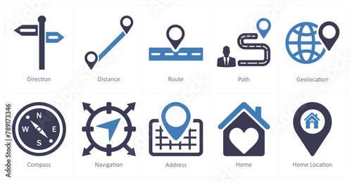 A set of 10 location icons as direction, distance, route © popcornarts