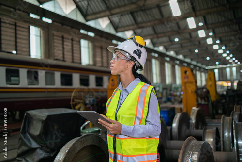 Focused Engineer Inspecting Train Wheelset in Depot