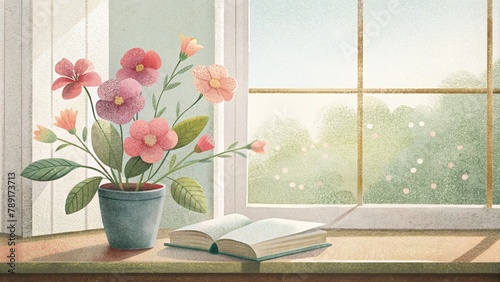 flowers on the window background Cartoon, Children's Illustration © Sunisadonphimai